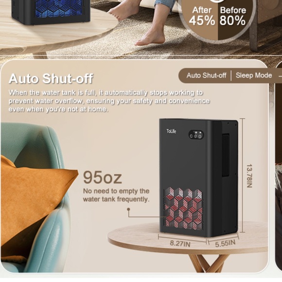 ToLife TZ-C2 Dehumidifiers (950 sq.ft) , 95oz.Tank, 7 Colors LED Light, NIB - Picture 15 of 16